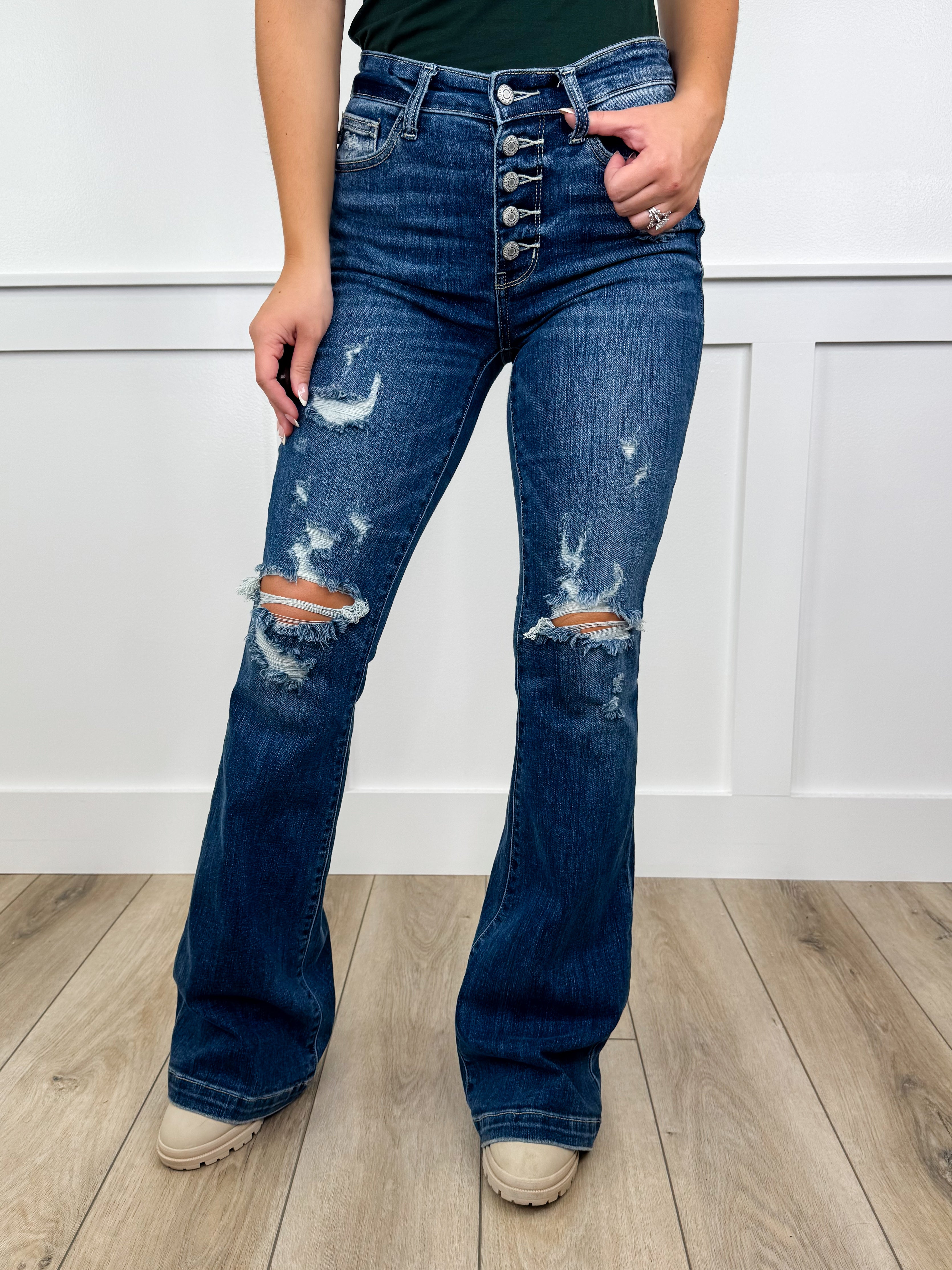 Judy Blue Eliza Mid-Rise Trouser Flare Jeans – Dark Wash (Button