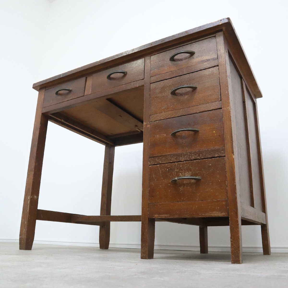 木製デスク 昭和レトロ 学習机 事務机 作業台 片袖机 ヴィンテージ 古