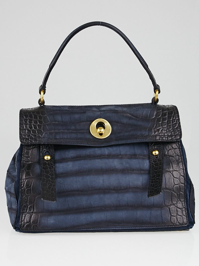 Yves Saint Laurent Navy Blue Croc Embossed Nubuck Leather
