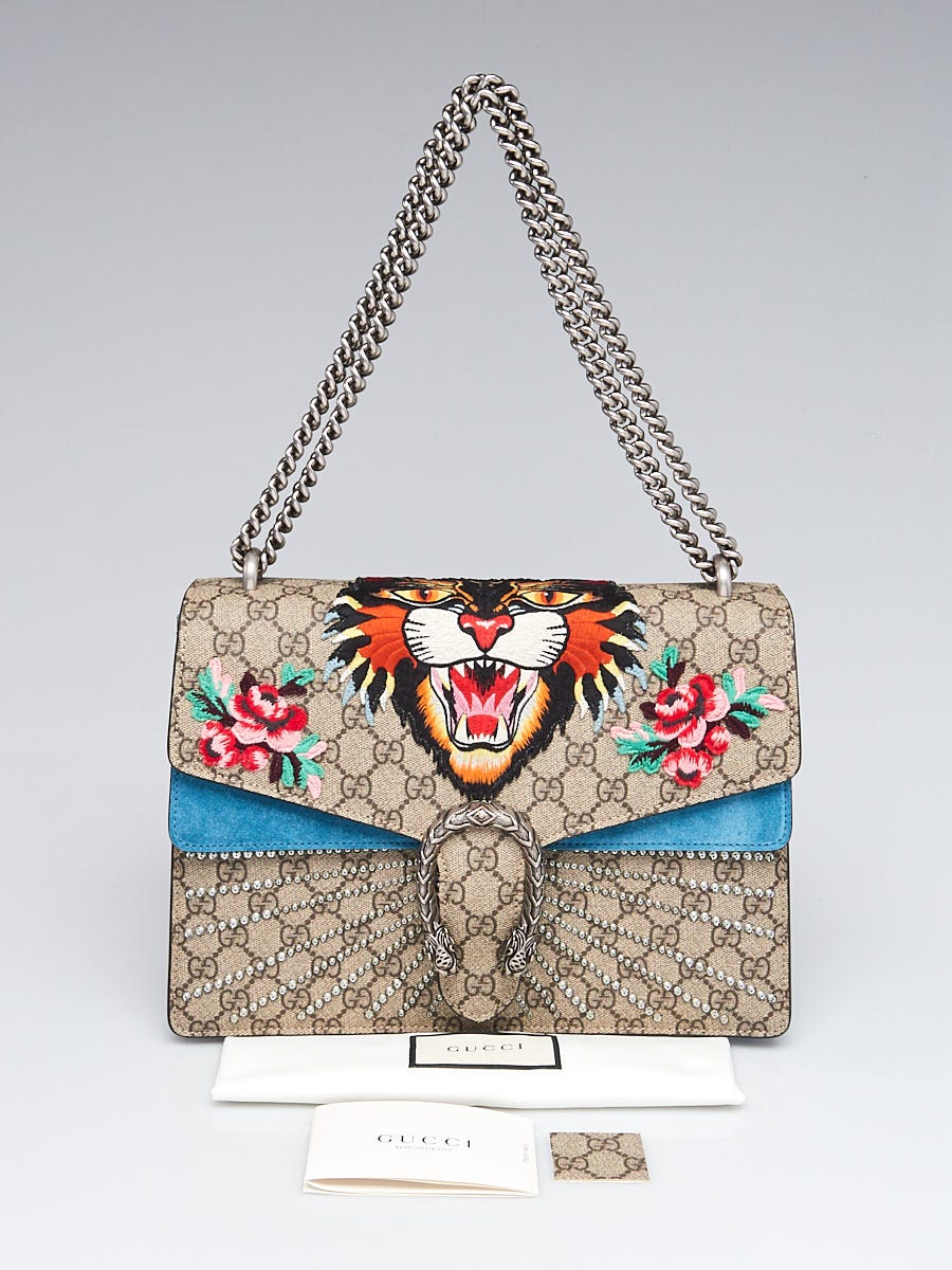 Gucci Beige GG Supreme Canvas Embroidered Tiger Medium Dionysus