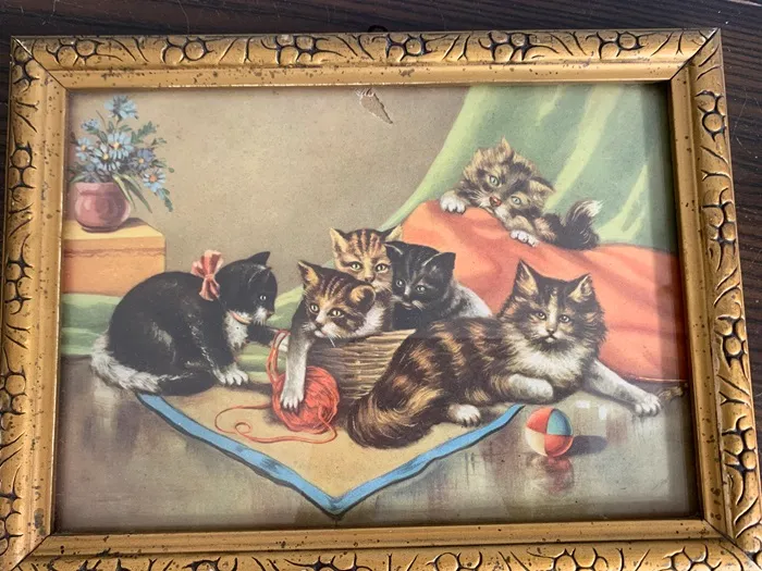 フランス 40s 猫 プリント アート 毛糸 アンティーク 壁掛け | Blue