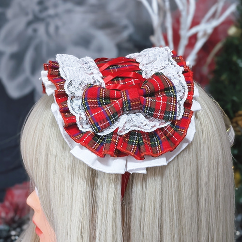 タータンチェックヘッドドレス(ホワイト)【Nyantelope】ロリータ