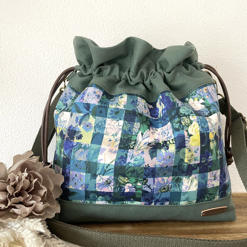 Favoris〜リバティ:アーカイブギンガム×11号帆布巾着ショルダーバッグC