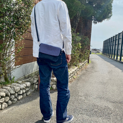 藍染め刺し子と岡山デニムのバイカラー2wayミニショルダーバッグ（菱形