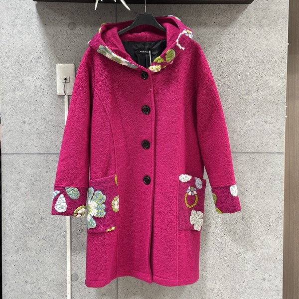 イタリア製】フード・ポケット・袖口 マルチ花柄圧縮ウールコート