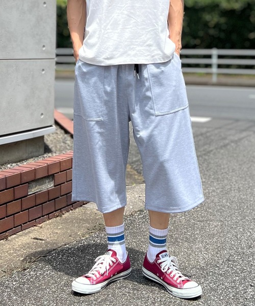 ストレッチジャージ素材 ワイドパンツ バギー ハーフパンツ バミューダ