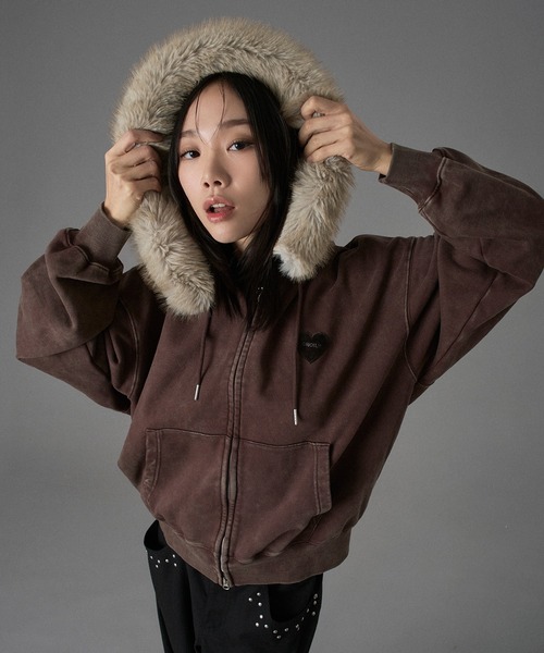 HEART PATCH FAUX-FUR ZIP HOODIE / ハートパッチフェイクファージップ