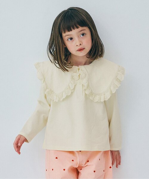 ジュニア対応】レーストリムフリル衿カットソートップス（Tシャツ