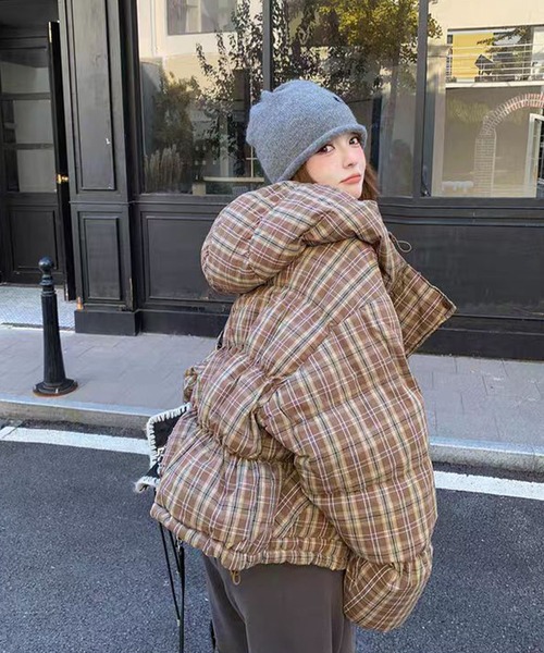 セール】チェック柄フード付き中綿ジャケット（ダウンジャケット