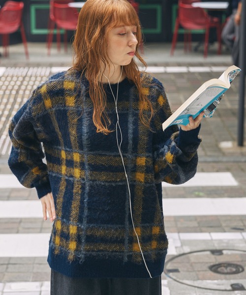 チェック柄 ジャガード オーバーサイズ ニットプルオーバー MONO-MART