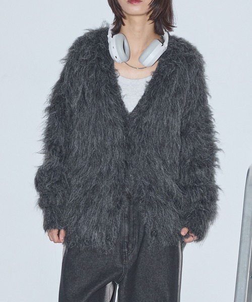 モヘアライクシャギーニットルーズVネックカーディガン（カーディガン