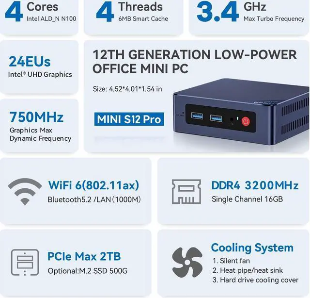 Beelink S12 Pro Mini PC, Intel 12th Gen Alder Lake- N100(up to 3.4