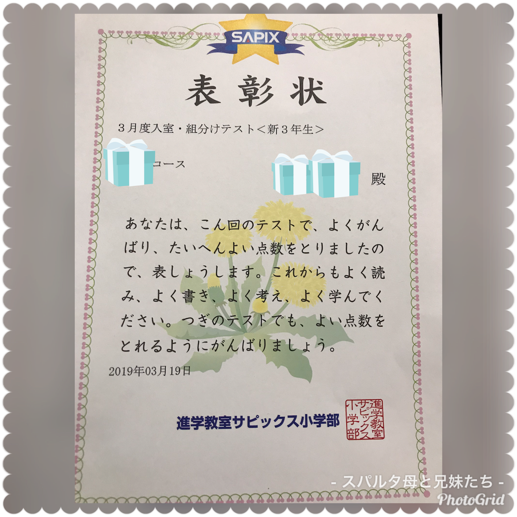 結果ーSAPIX 組分け・入室テスト2019年3月(新小2娘、新小3息子