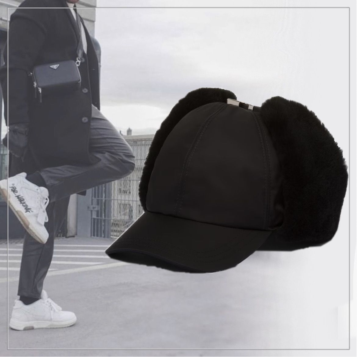 もこもこ】PRADA◇Re-Nylon フライトキャップ 耳当て付き ロゴ (PRADA