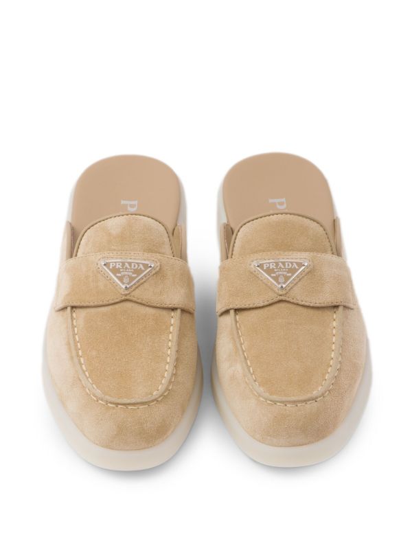 Prada logo-plaque Suede Mules | Neutrals | FARFETCH