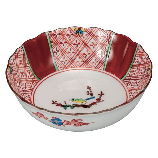 伊野正峰 日本の伝統工芸品【九谷焼】 6号鉢 赤絵花鳥 双鳩窯 (K9-290