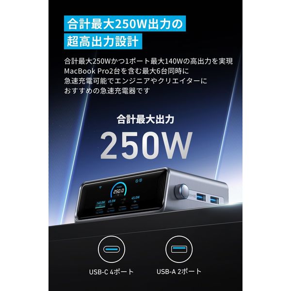 Anker Prime Charger (250W、6 Ports、GaN) A2345541 1個 - アスクル