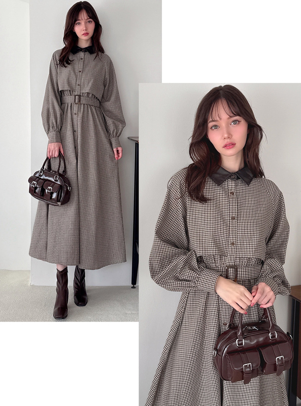ベルト付きレザー襟チェック柄ワンピース[cc116] | レディース