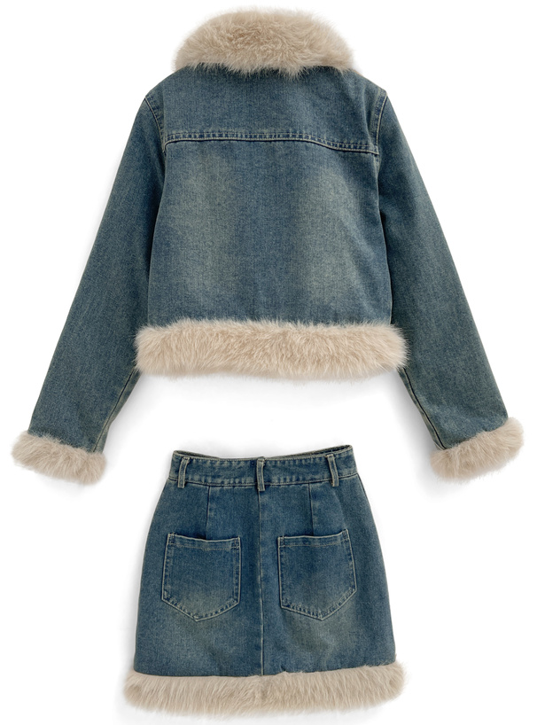 ショート丈ジャケット×ミニスカートファーデニムセットアップ[gc286