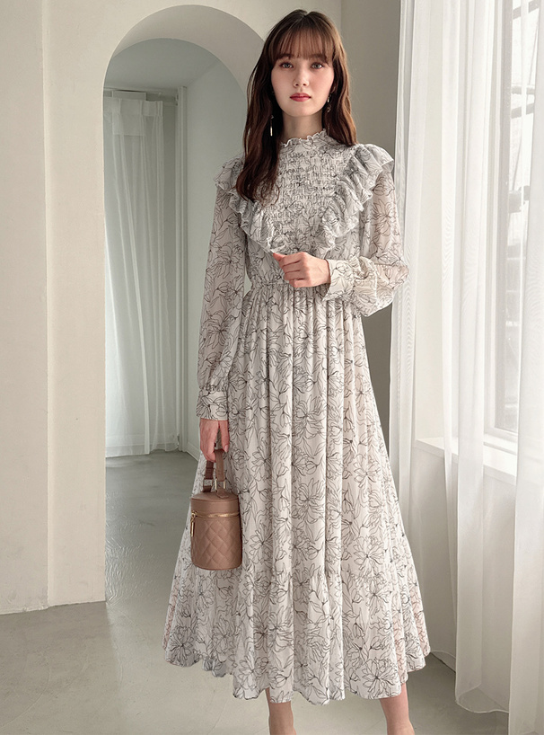 花柄フリルシャーリングワンピース[js12] | レディースファッション