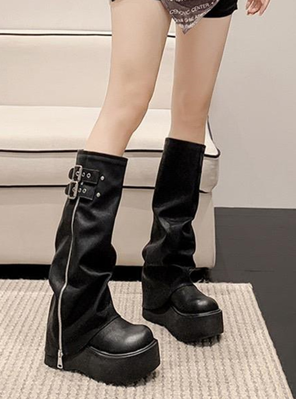 ダブルベルトジップカバー厚底ロングブーツ[zr1412] | レディース