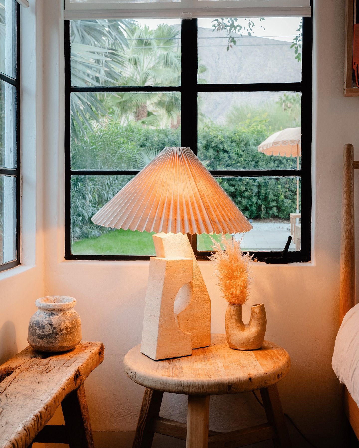 Ruins Cream Ceramic Sculptural Table Lamp with Pleated Shade by