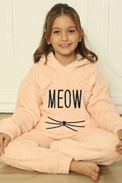 Pijamaevi Toz Pembe Meow Desenli Tam Peluş Kız Çocuk Pijama Takımı