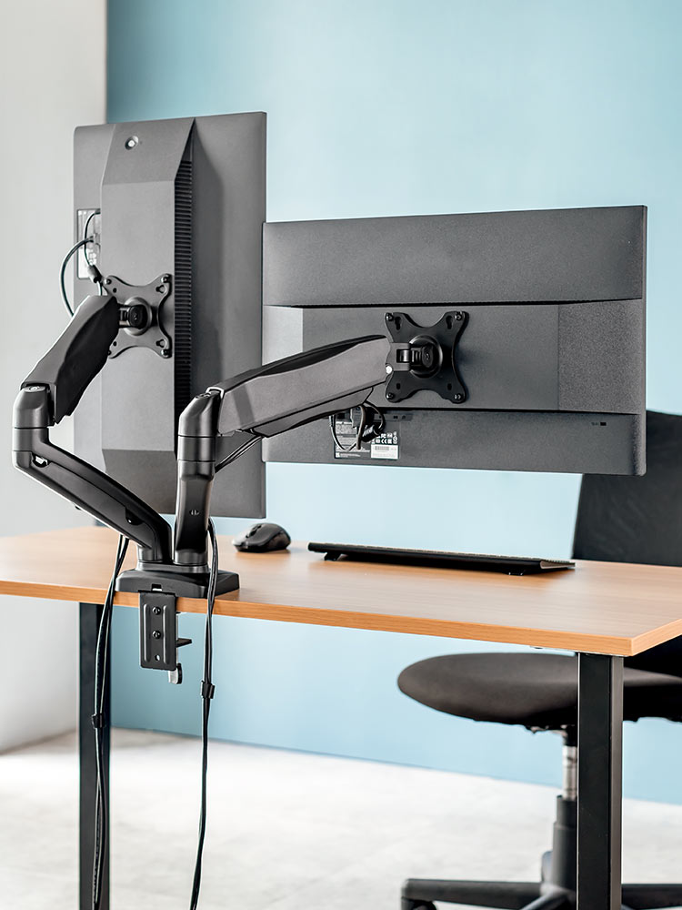 デュアルモニターアーム｜32インチ・メカ式・スリムクランプ・上下