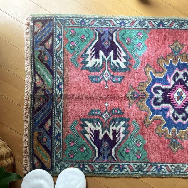 51×101 コーラルピンク レアなウール メダリオン トルコヴィンテージ