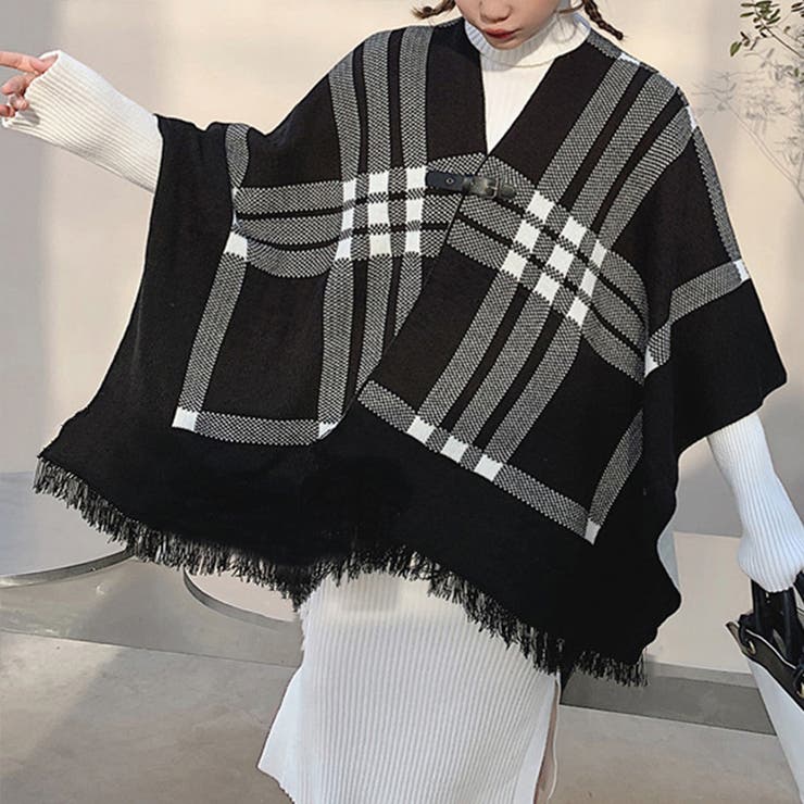 チェック柄ケープ ニットショールポンチョ[品番：AGCW0003612