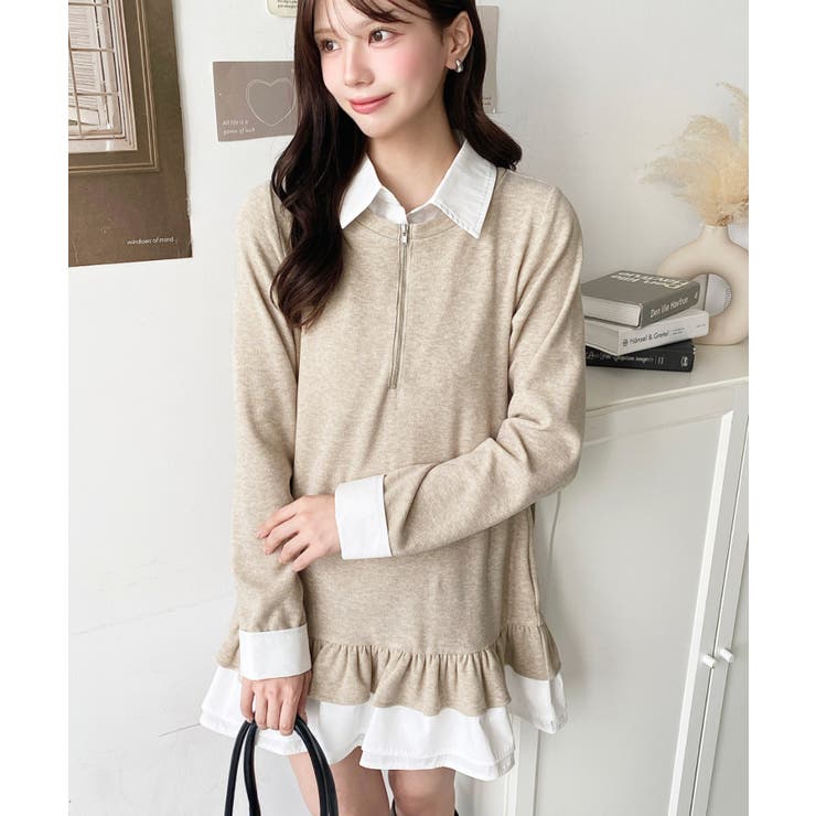 シャツドッキングフリルミニワンピース[品番：ERMW0004201]｜moment+