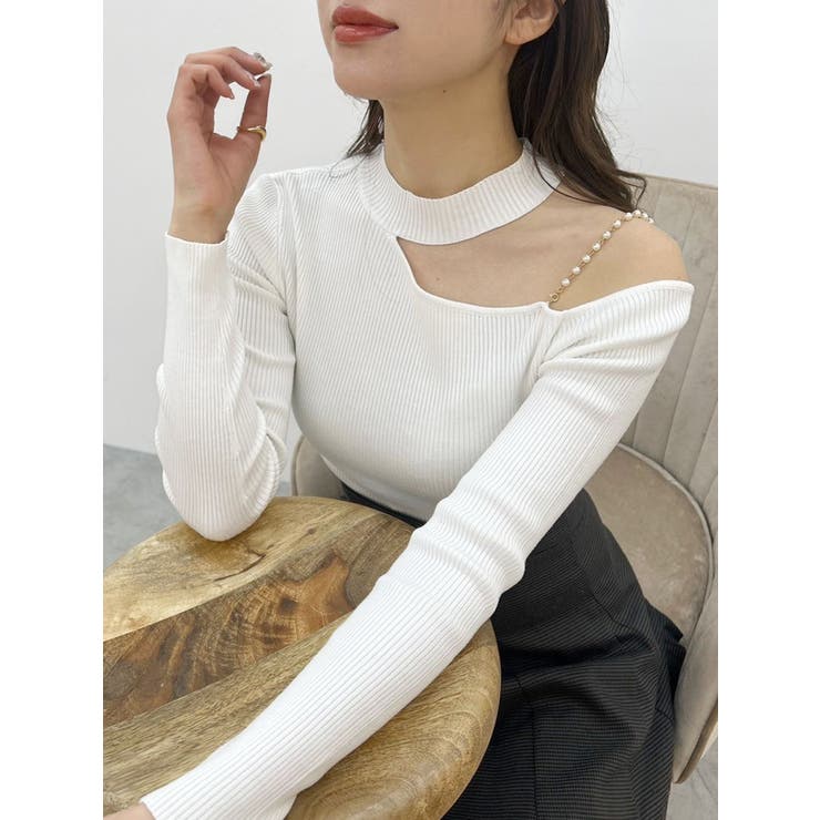 ショルダーパールチェーンロングスリーブニット[品番：MKSW0061758