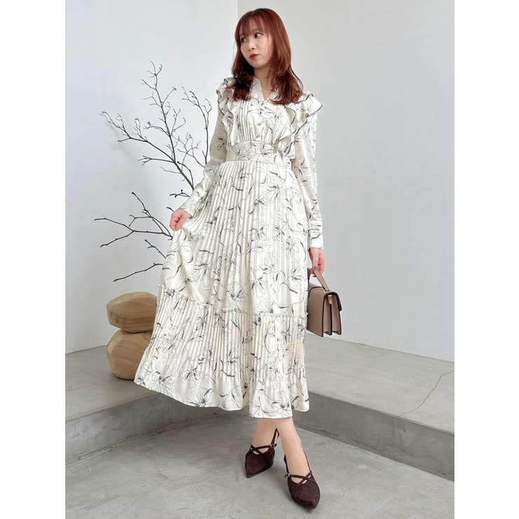 WEB限定カラーあり】ダブルフリルフラワープリーツワンピース[品番