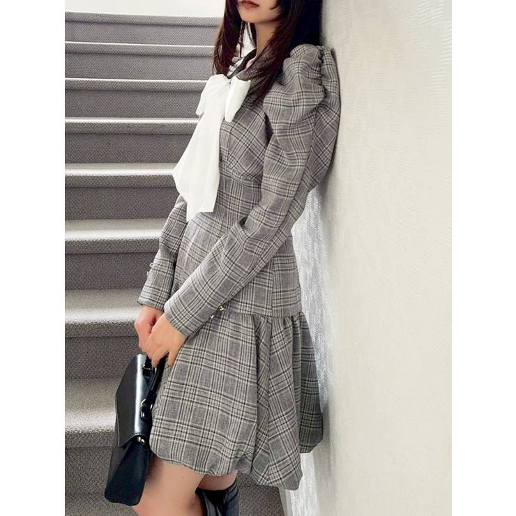 バルーンチェックミニワンピース[品番：MKSW0067150]｜dazzlin