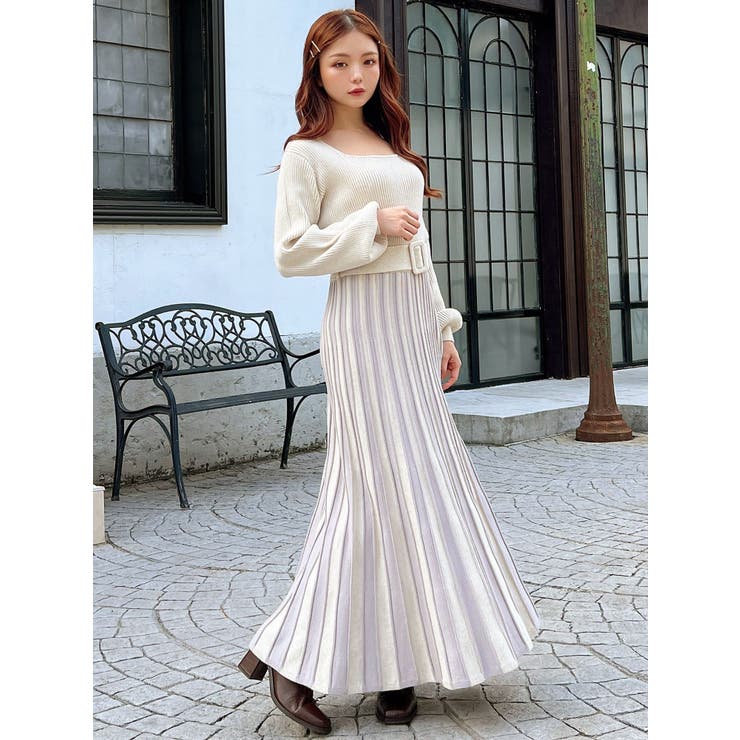 バイカラープリーツロングニットワンピース[品番：MKSW0055619