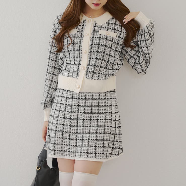 セットアップ】ツイードニットカーディガン&ミニスカートセット[品番