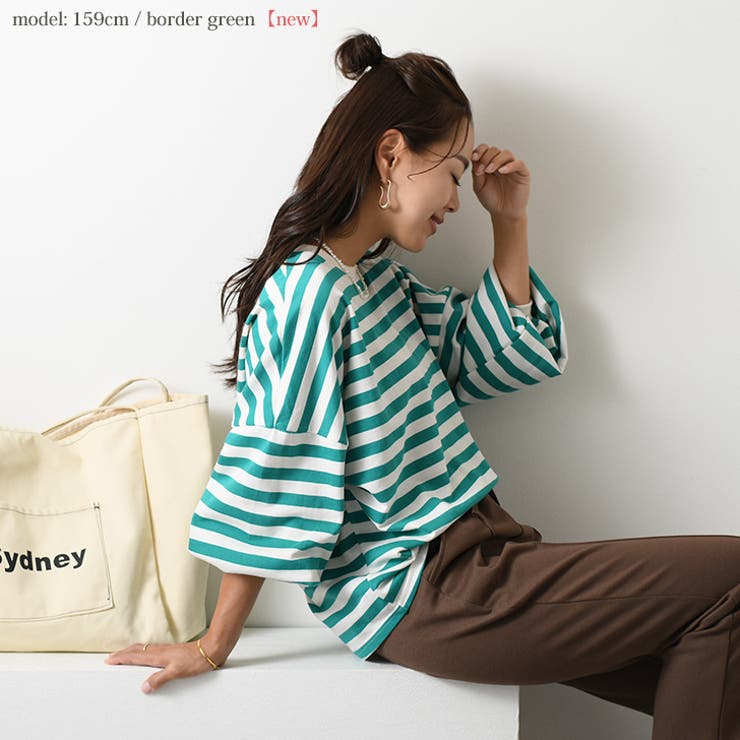 バルーンスリーブボーダー柄プルオーバー トップス カットソー[品番