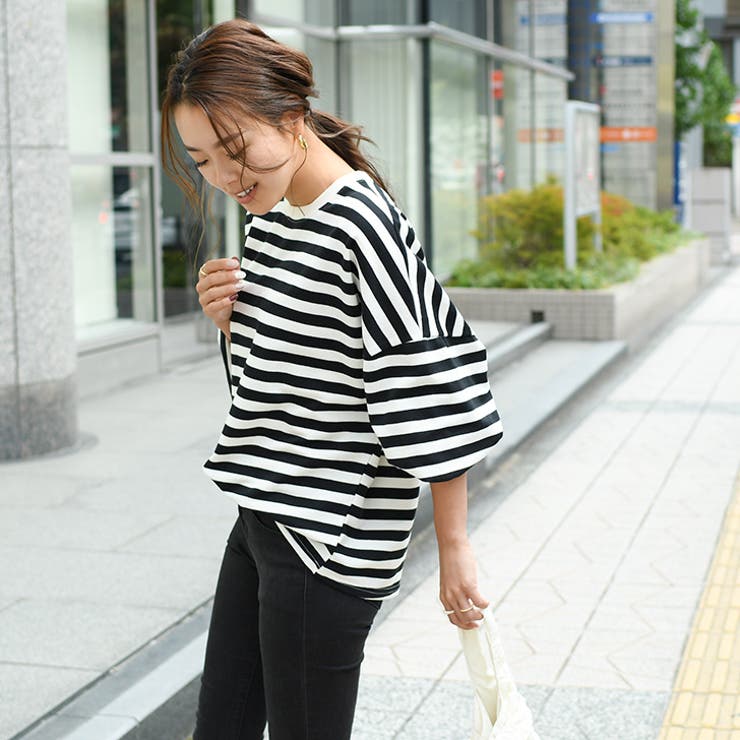 バルーンスリーブボーダー柄プルオーバー トップス カットソー[品番