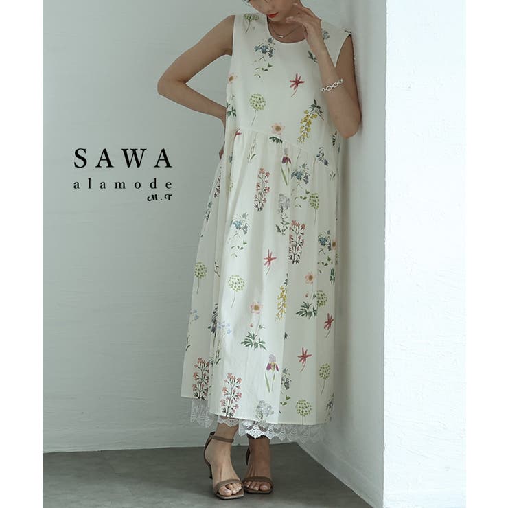 ナチュラルな花模様が踊る裾レースノースリーブワンピース レディース