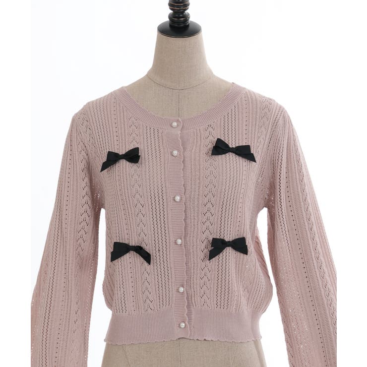 リボン付透かし編みニットカーディガン[品番：IGAW0004795]｜axes