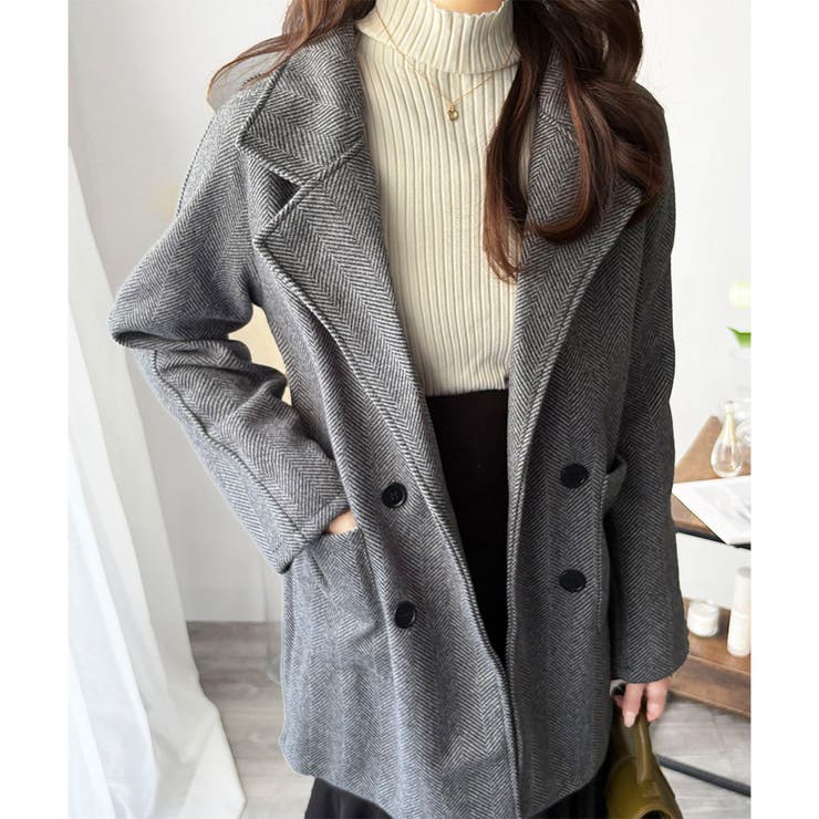ミドル丈ヘリンボーン柄チェスターコート レディース 秋冬[品番