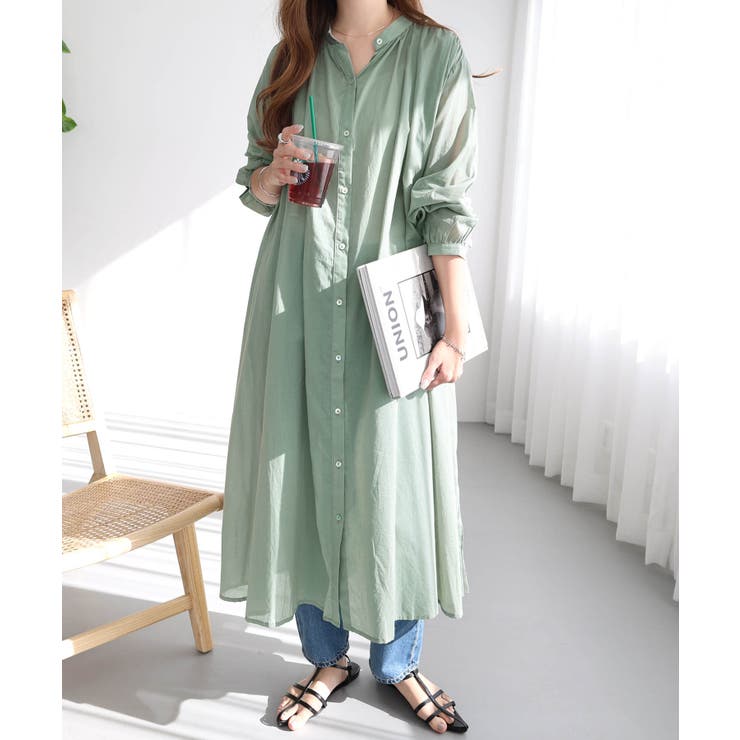 バンドカラー フレア シャツワンピース[品番：AZ000003692]｜andme