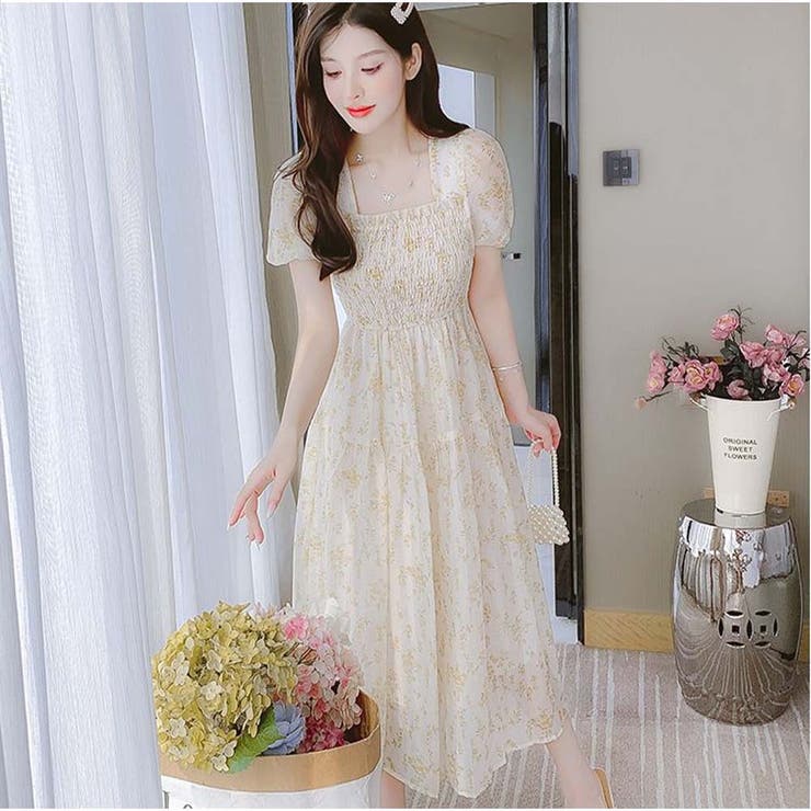 ワンピース ロングスカート ひざ丈 きれいめ カジュアル 花柄 韓国風