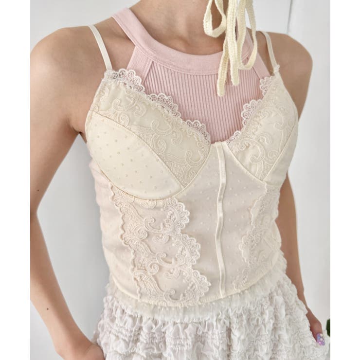 ドットチュールレースランジェリー風キャミソール[品番：OUTW0000493