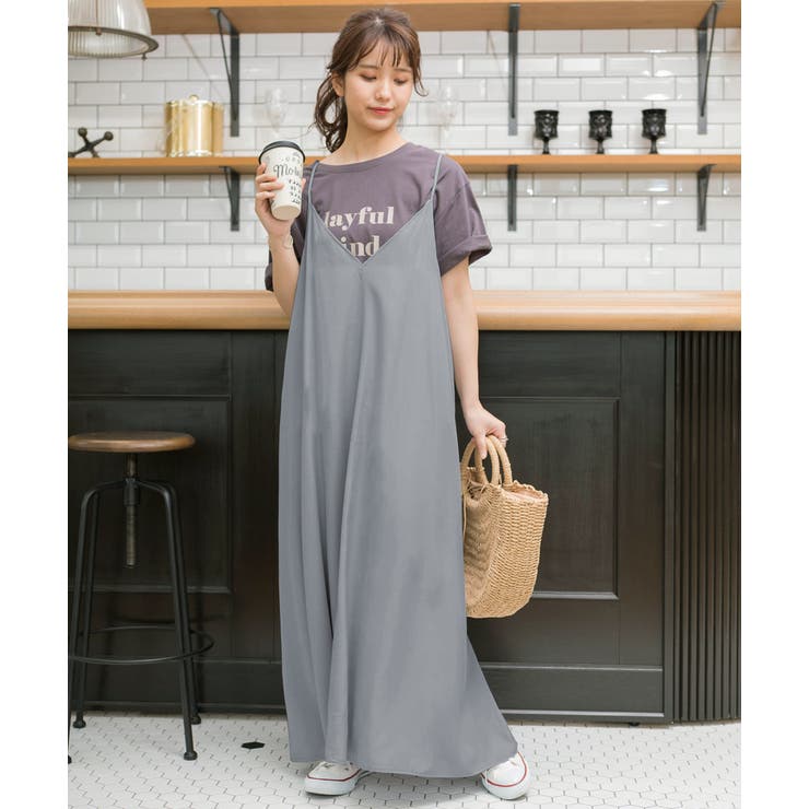 キャミワンピース ロング フレア マキシ丈 光沢 サテン[品番