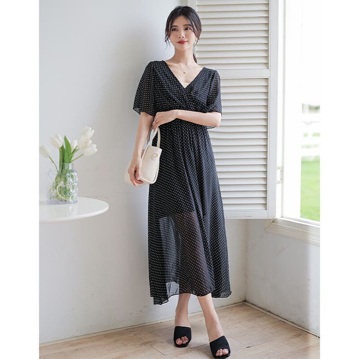 小花柄ワンピース カシュクールワンピース 半袖[品番：COCW0004492