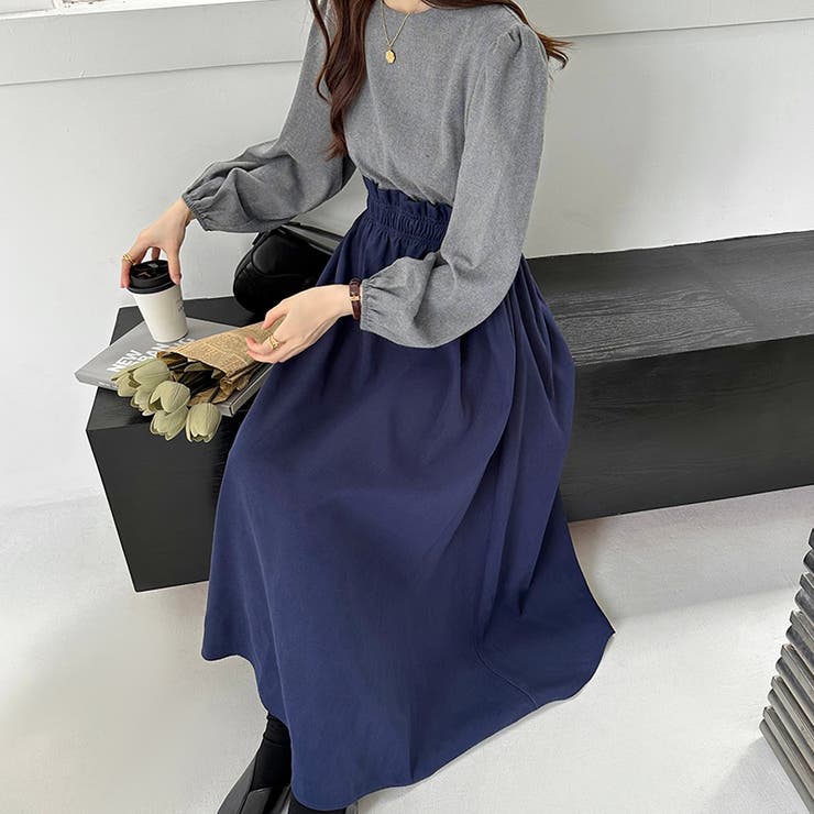 ワンピース ドッキングワンピース 異素材切り替え[品番：COCW0005582