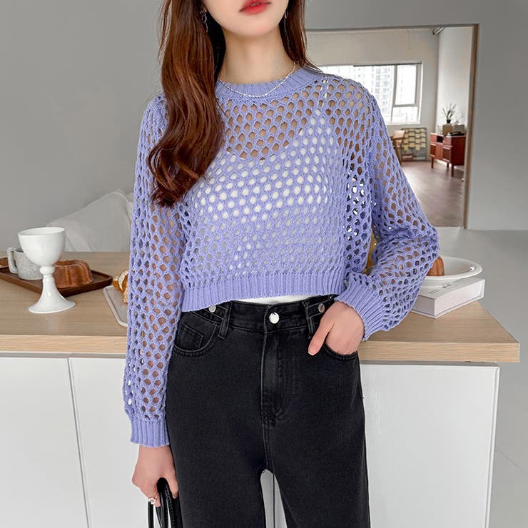 メッシュニット 透かし編みトップス ショート丈[品番：COCW0005869