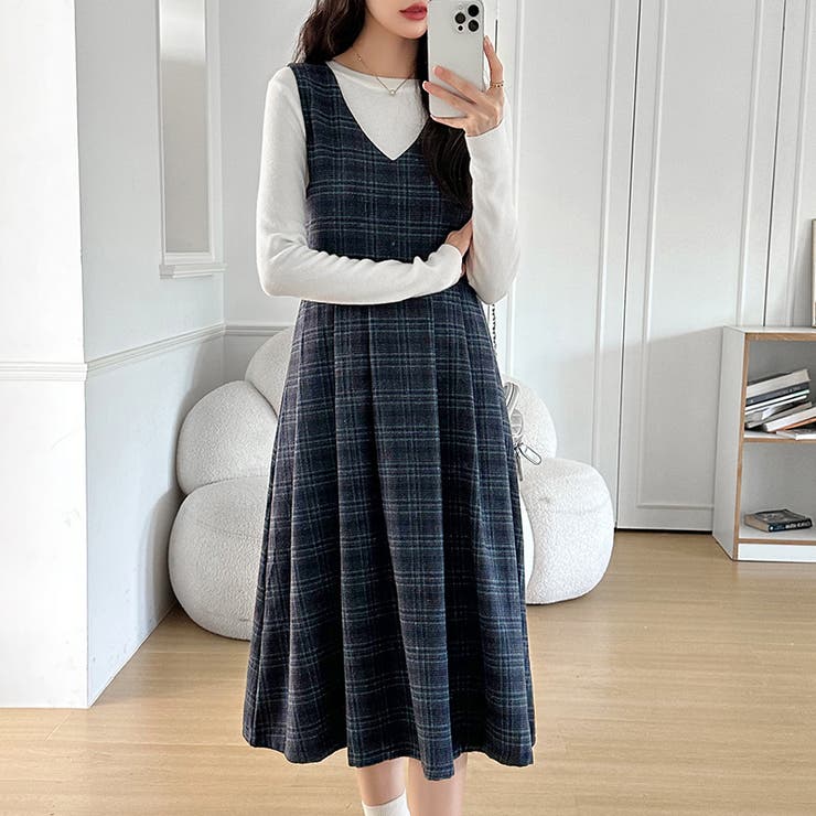 ジャンパースカート チェックワンピース ノースリーブワンピース[品番