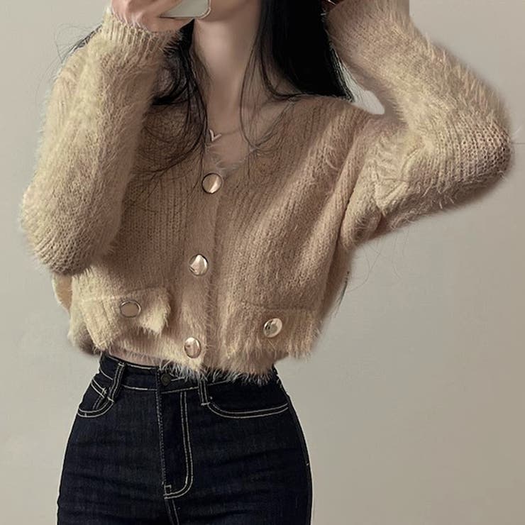 シャギーニットカーディガン 金ボタンカーディガン ショート丈トップス